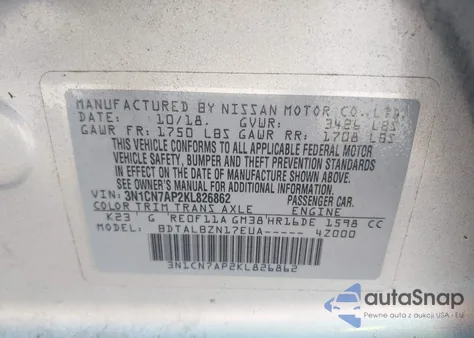 2019 Nissan Versa 1.6 Sv from USA, damaged, VIN 3N1CN7AP2KL826862